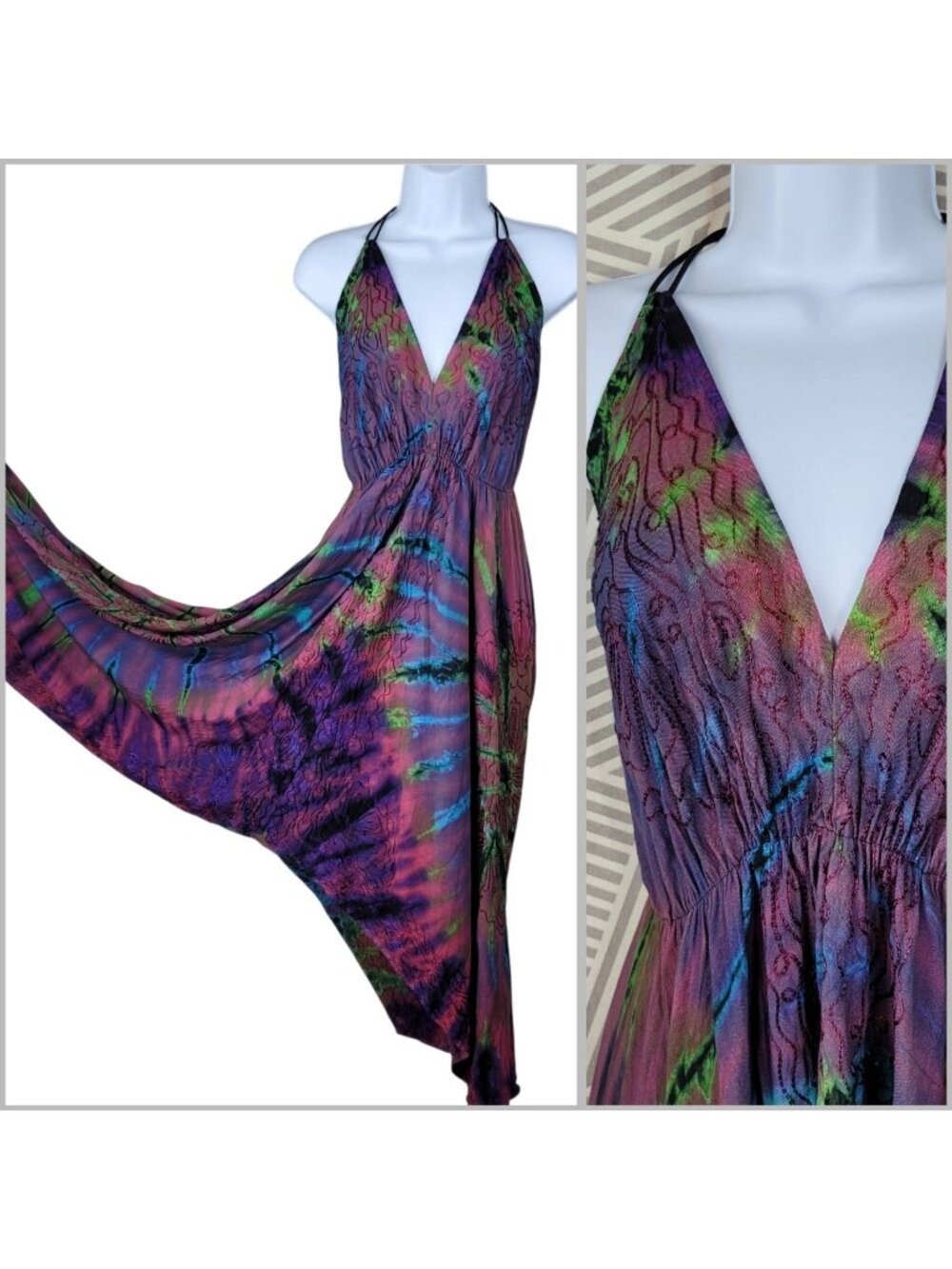 Tie Dye Boho Dress Medium Large XL Flair Skirt Purple Renaissance Hippie Midi